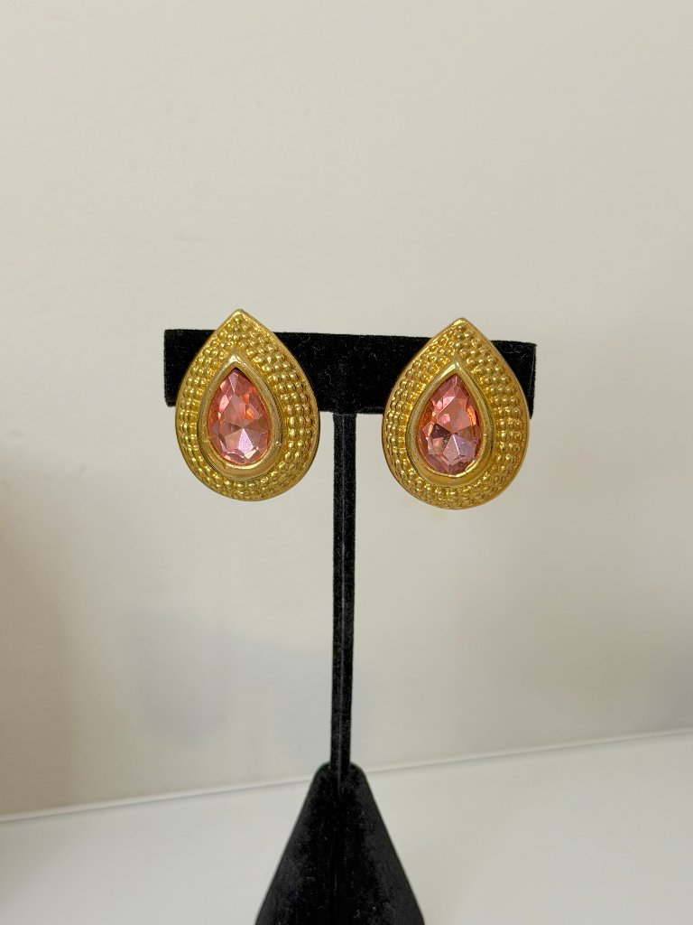 Retro Gold Tone Clip-On Earrings W/ Pink Crystal Teardrop Statement Style